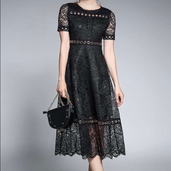 Black Lace Grommet-Accent Empire Waist Midi Dress - Picture 1 of 4